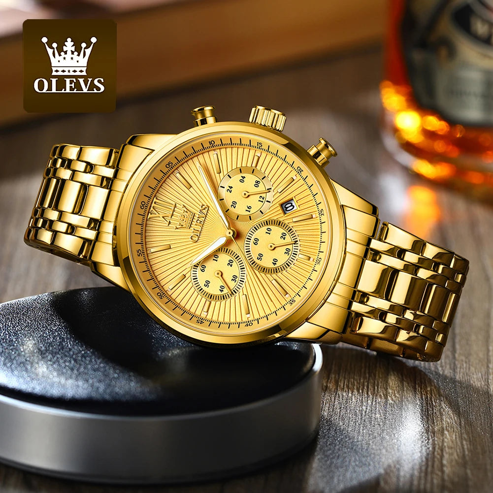 OLEVS-Relógio de pulso de luxo masculino, aço inoxidável, impermeável, luminoso, cronógrafo, exibição de 24 horas, moda