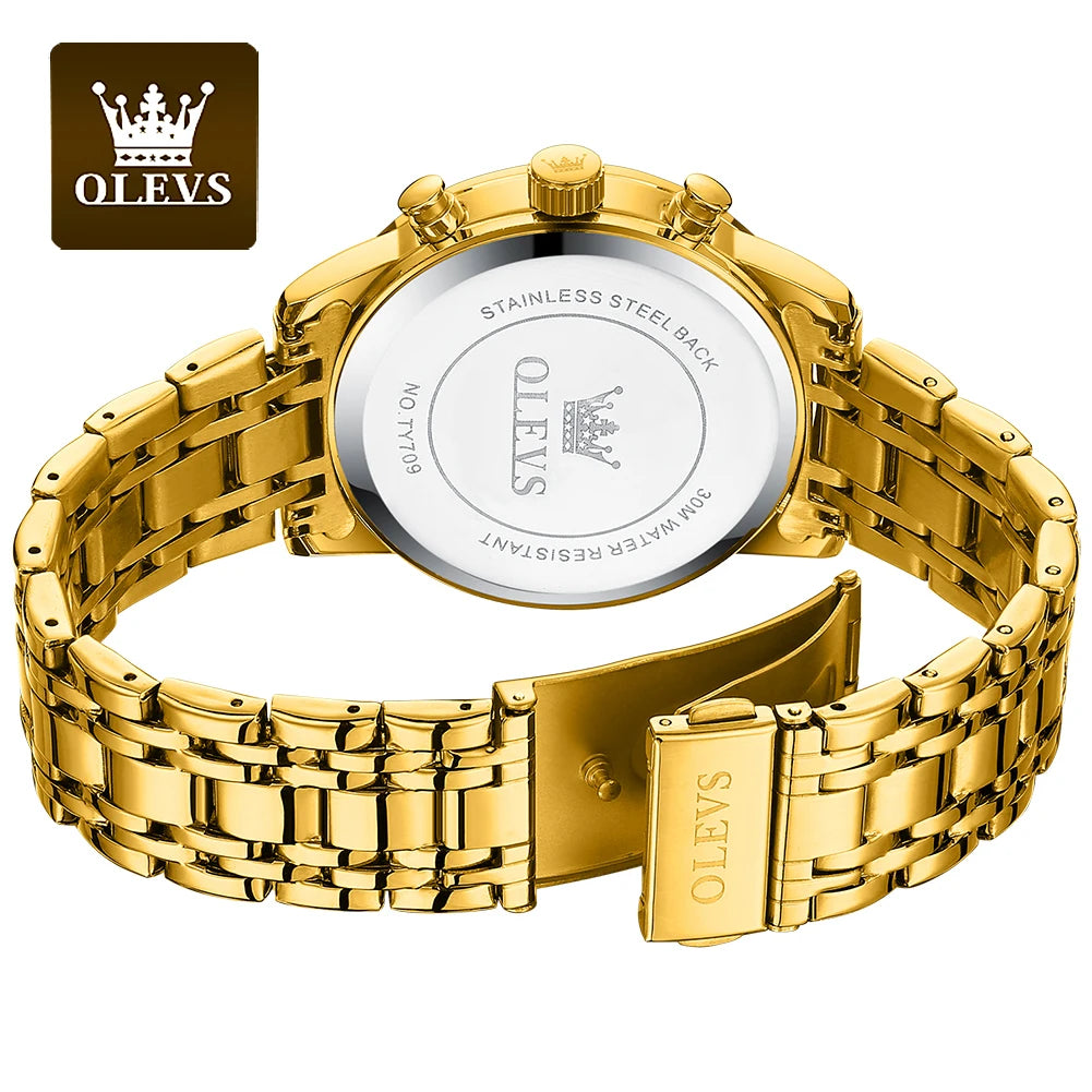 OLEVS-Relógio de pulso de luxo masculino, aço inoxidável, impermeável, luminoso, cronógrafo, exibição de 24 horas, moda