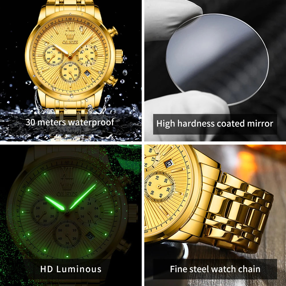 OLEVS-Relógio de pulso de luxo masculino, aço inoxidável, impermeável, luminoso, cronógrafo, exibição de 24 horas, moda