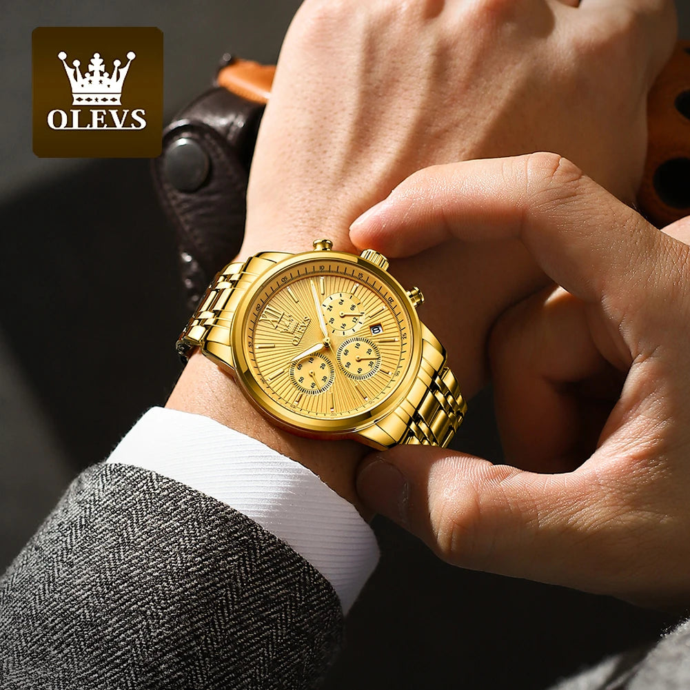 OLEVS-Relógio de pulso de luxo masculino, aço inoxidável, impermeável, luminoso, cronógrafo, exibição de 24 horas, moda