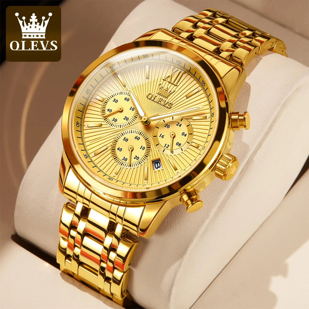 OLEVS-Relógio de pulso de luxo masculino, aço inoxidável, impermeável, luminoso, cronógrafo, exibição de 24 horas, moda