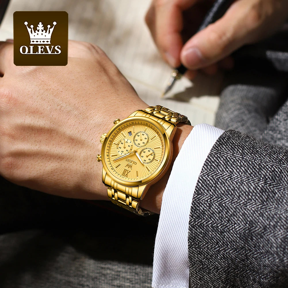 OLEVS-Relógio de pulso de luxo masculino, aço inoxidável, impermeável, luminoso, cronógrafo, exibição de 24 horas, moda