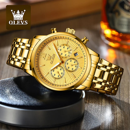 OLEVS-Relógio de pulso de luxo masculino, aço inoxidável, impermeável, luminoso, cronógrafo, exibição de 24 horas, moda