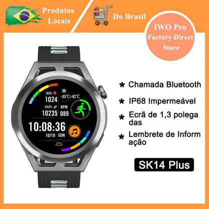 Relógio SK14 Plus Smartwatch para homens, chamada Bluetooth, IP68 impermeável, relógio inteligente esportivo, oxigênio no sangue, freqüência cardíaca, monitoramento do sono