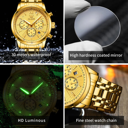 OLEVS-Relógio de pulso de luxo masculino, aço inoxidável, impermeável, luminoso, cronógrafo, exibição de 24 horas, moda