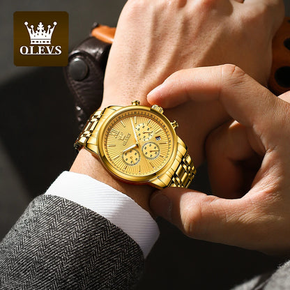 OLEVS-Relógio de pulso de luxo masculino, aço inoxidável, impermeável, luminoso, cronógrafo, exibição de 24 horas, moda