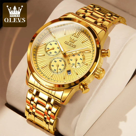 OLEVS-Relógio de pulso de luxo masculino, aço inoxidável, impermeável, luminoso, cronógrafo, exibição de 24 horas, moda