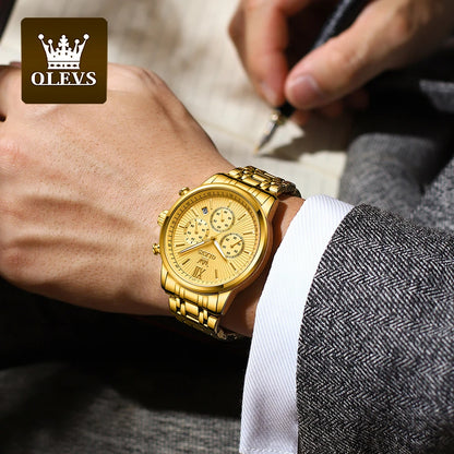OLEVS-Relógio de pulso de luxo masculino, aço inoxidável, impermeável, luminoso, cronógrafo, exibição de 24 horas, moda